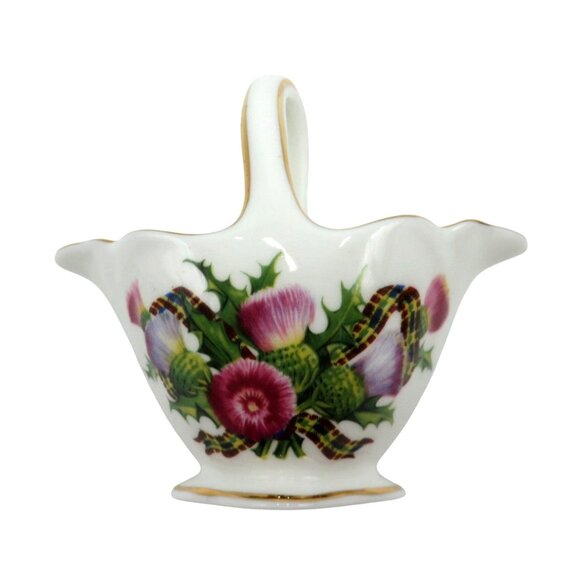 ROCKINGHAM BASKET Miniature Ceramic With Floral Thistle England Vintage 4" - Picture 1 of 10